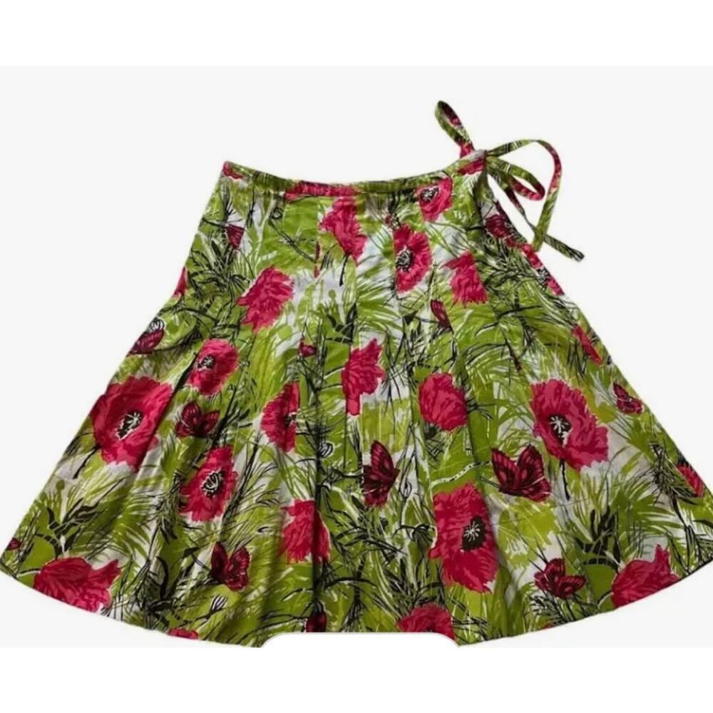 Talbots 6P floral & butterflies wide pleats skirt side zip ties at waist A-line